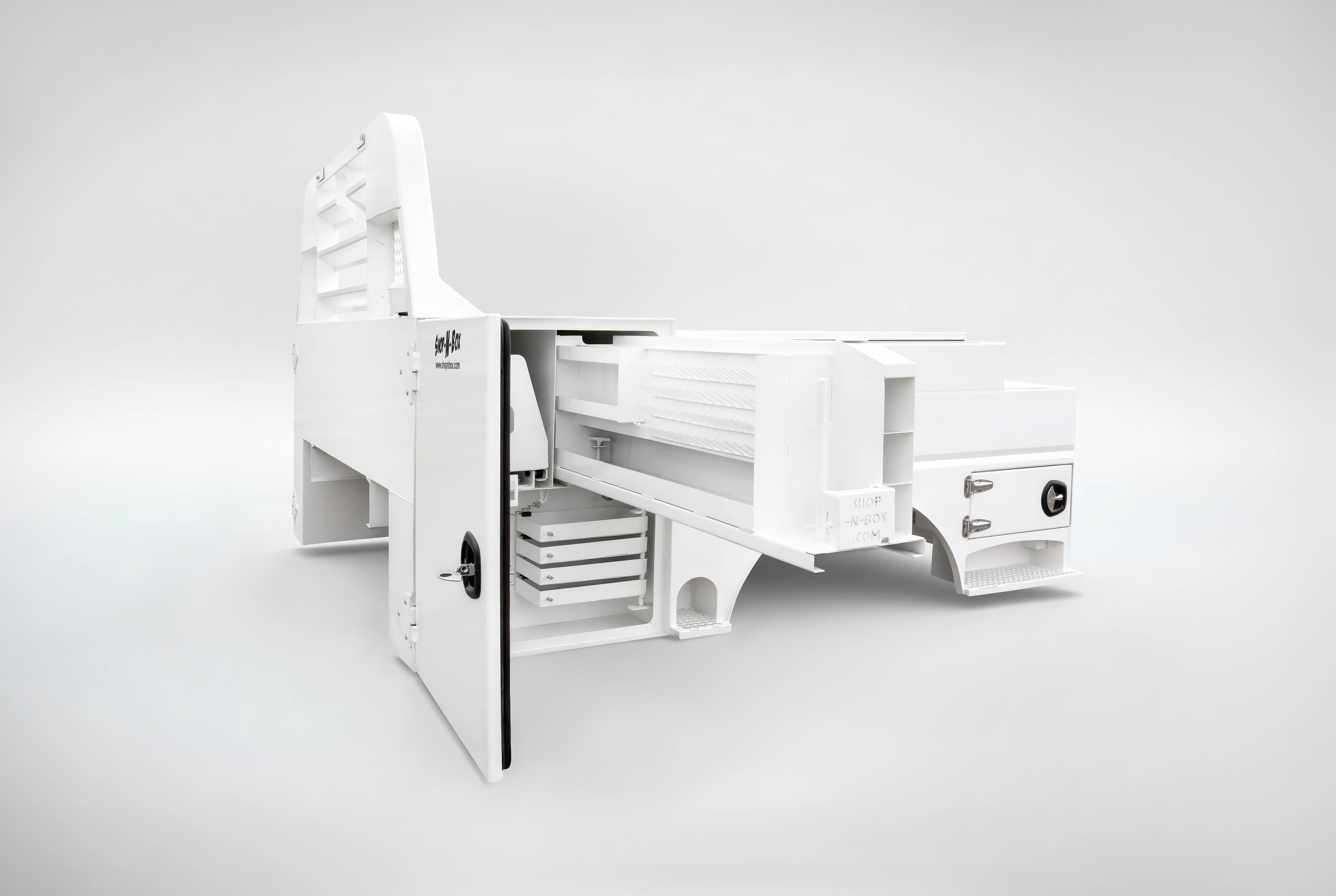 Shop-N-Box roll-out truck bed storage system with extended drawer