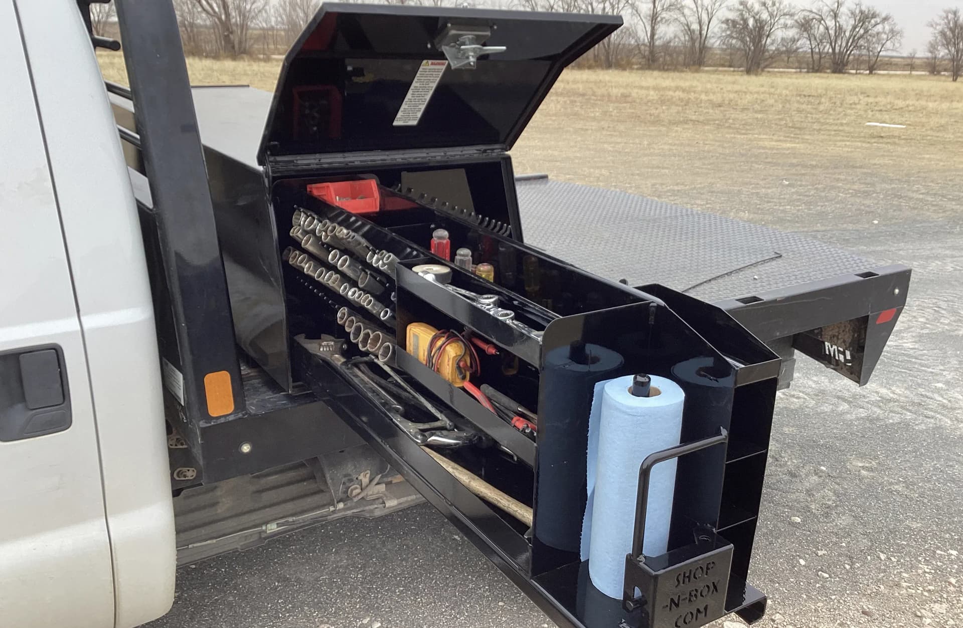 Shop-N-Box™ 2-80 Model flatbed truck toolbox key features showing two pull-out compartments