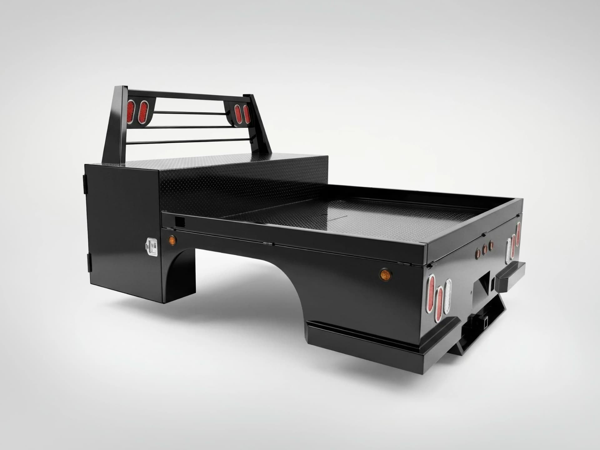 Shop-N-Box™ flatbed truck toolbox with integrated roll-out storage system