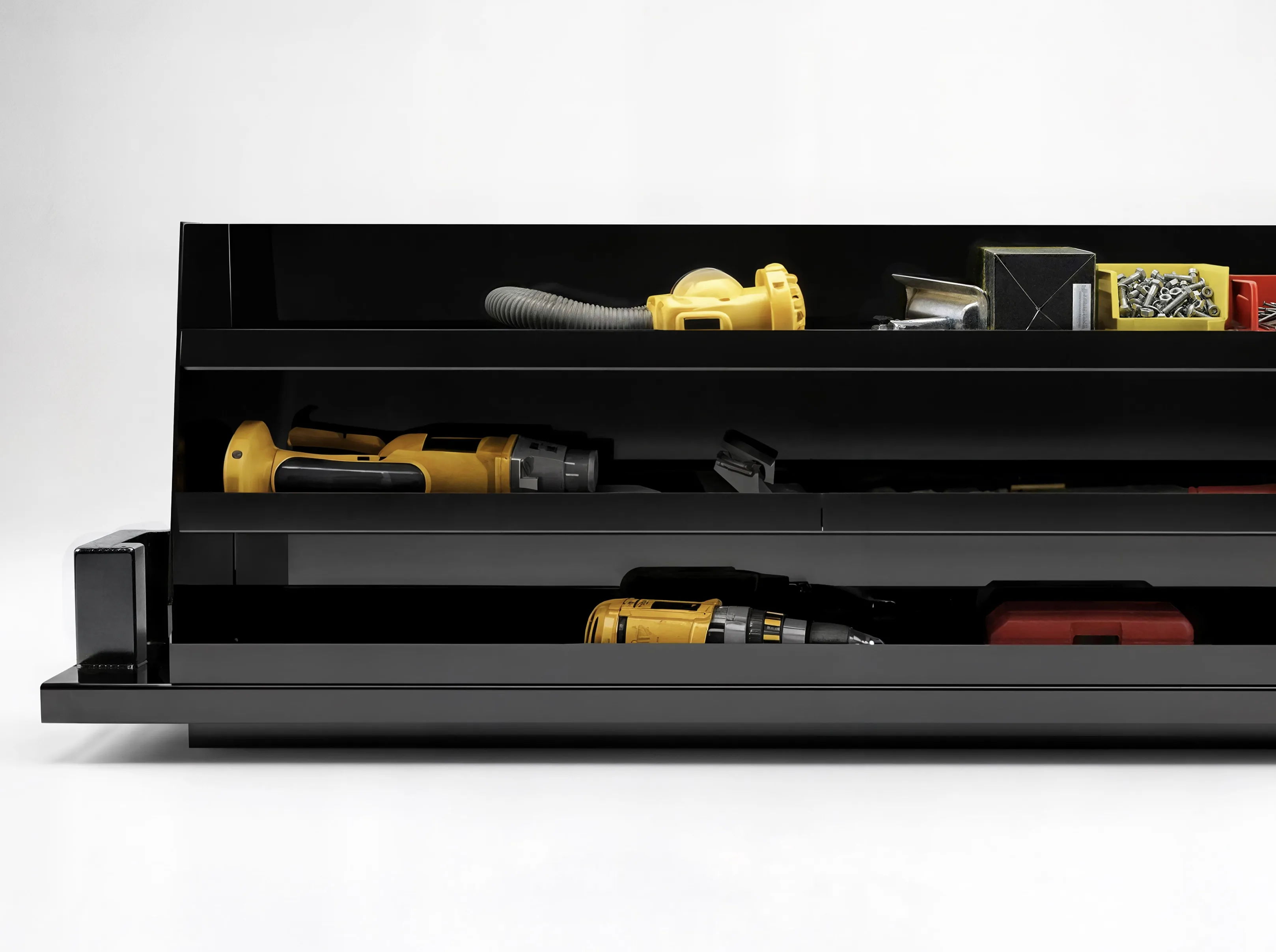 Shop-N-Box™ Legend Bed storage insert with bulk power tools, supplies, and job site gear