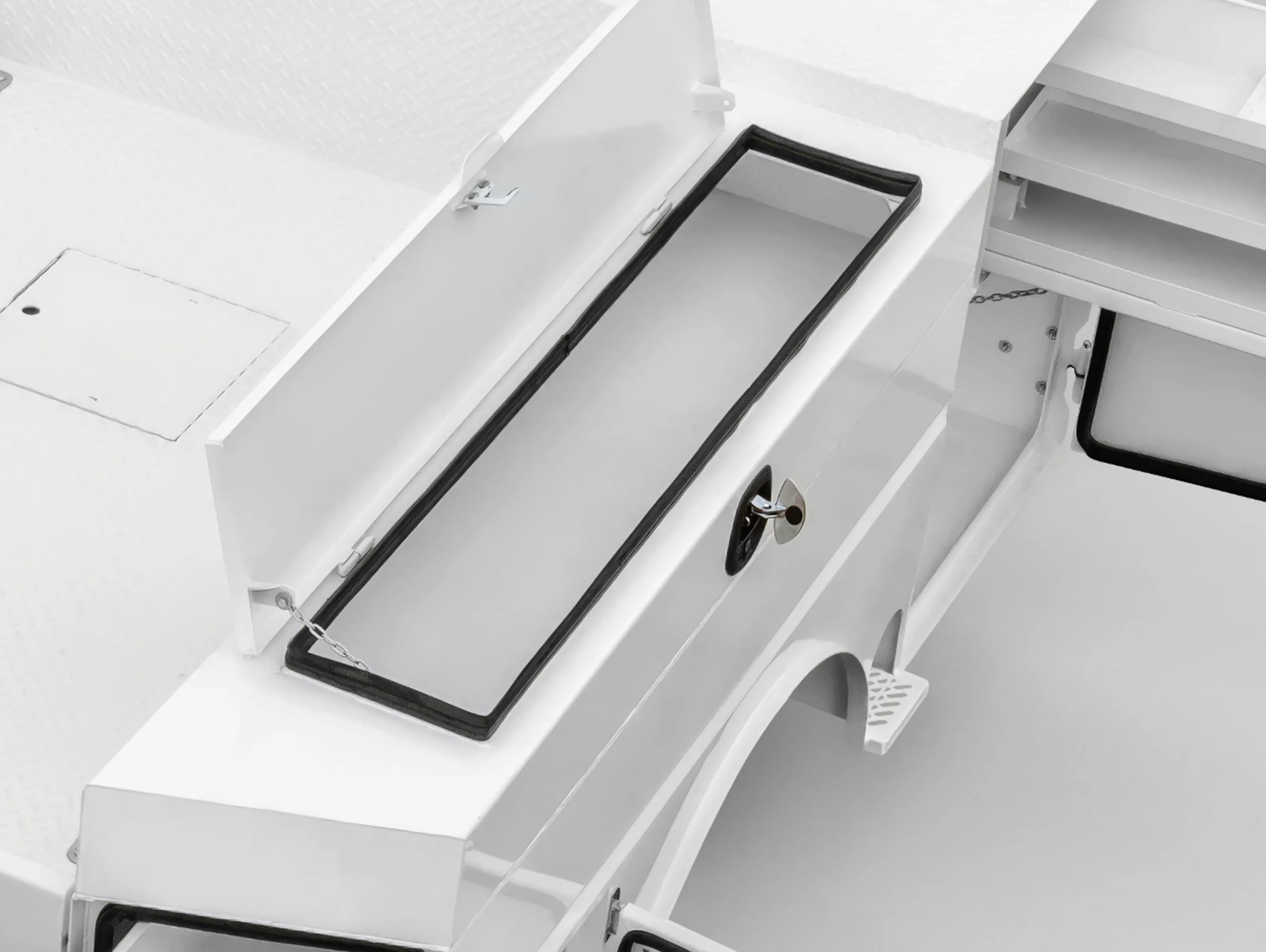 Shop-N-Box™ Legend Bed coffin box top access compartment open for long tools and materials