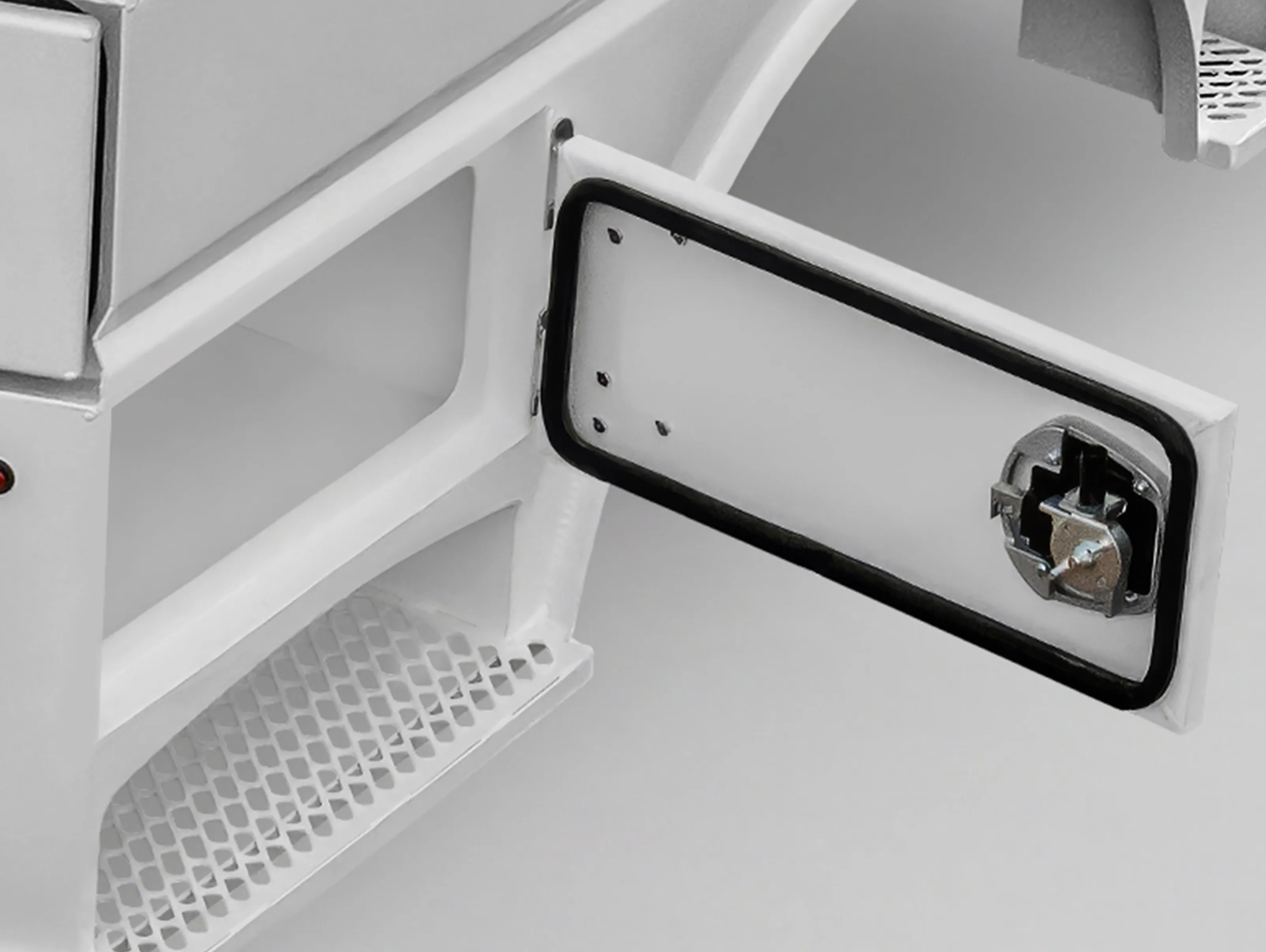 Shop-N-Box Legend side compartment storage door with locking mechanism