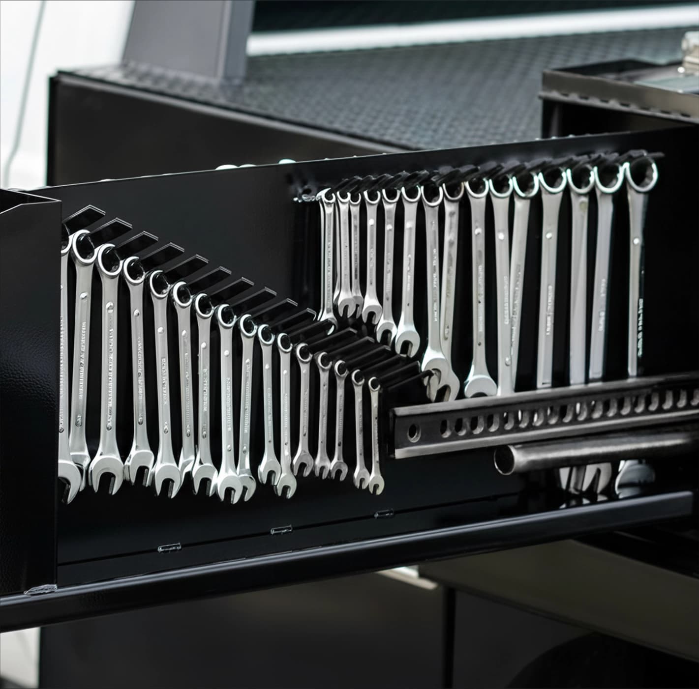 Shop-N-Box™ roll-out vertical drawer with organized wrenches, sockets, and hand tools for fleet trucks