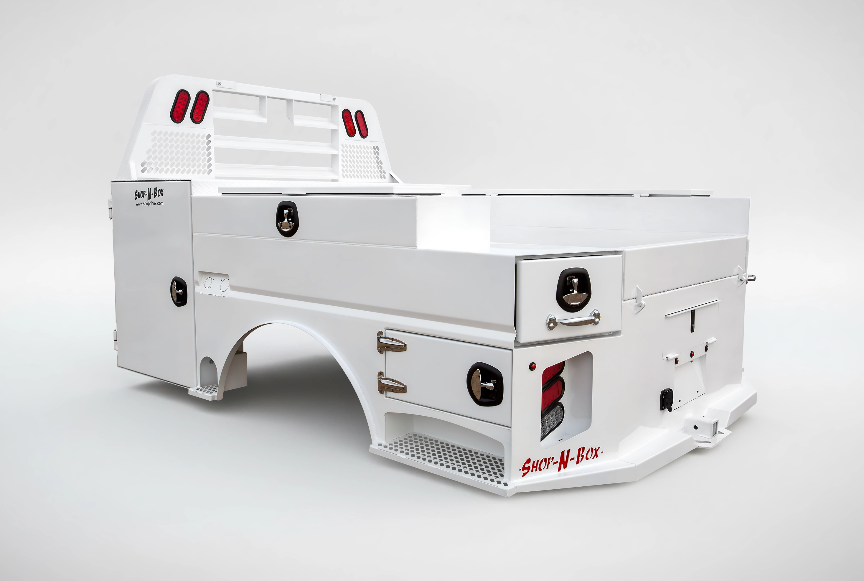 Shop-N-Box Legend Bed roll-out truck bed toolbox system with locking compartments, headache rack, and integrated storage