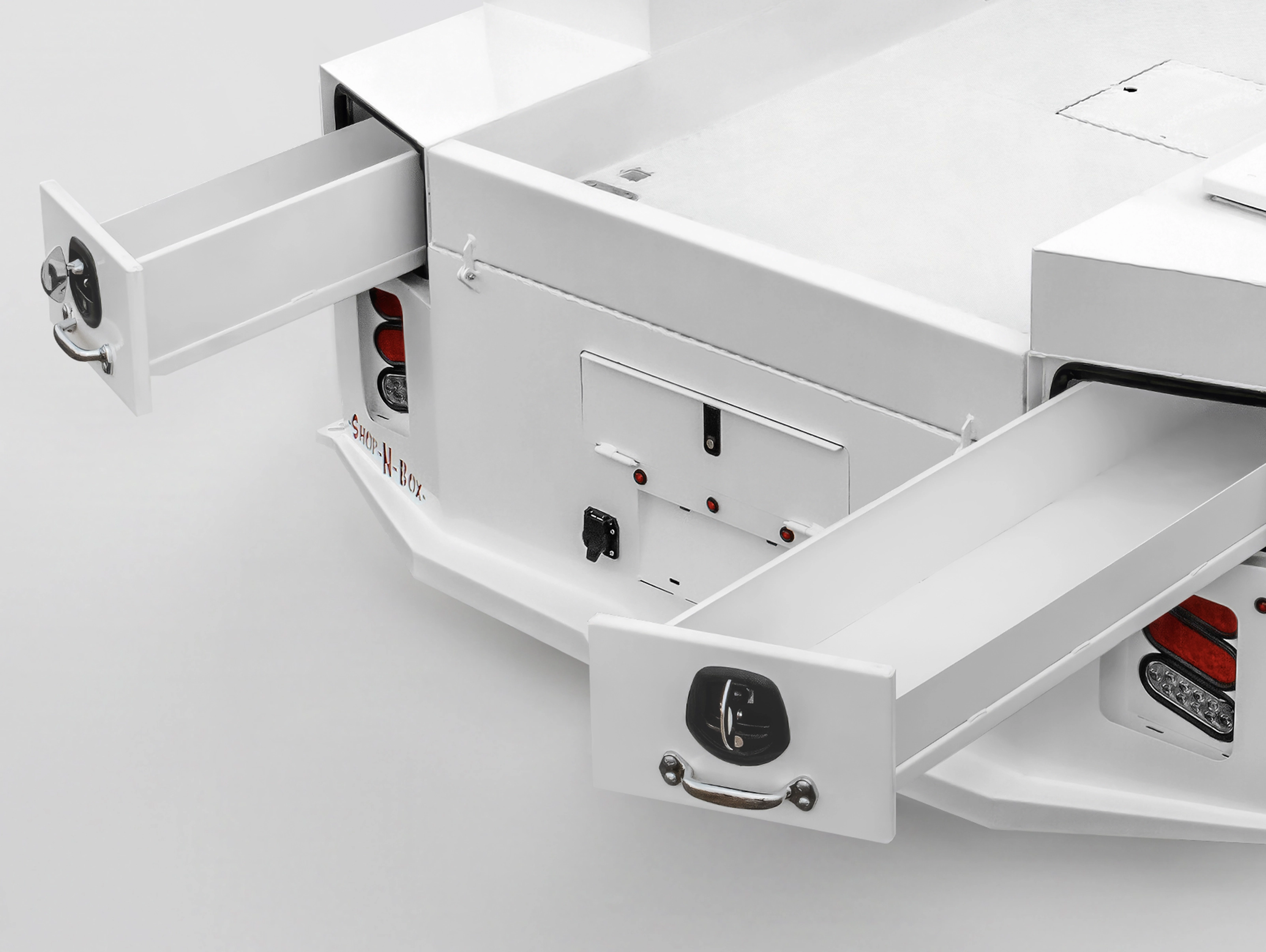 Shop-N-Box Legend two rear roll-out drawers with coffin box top access