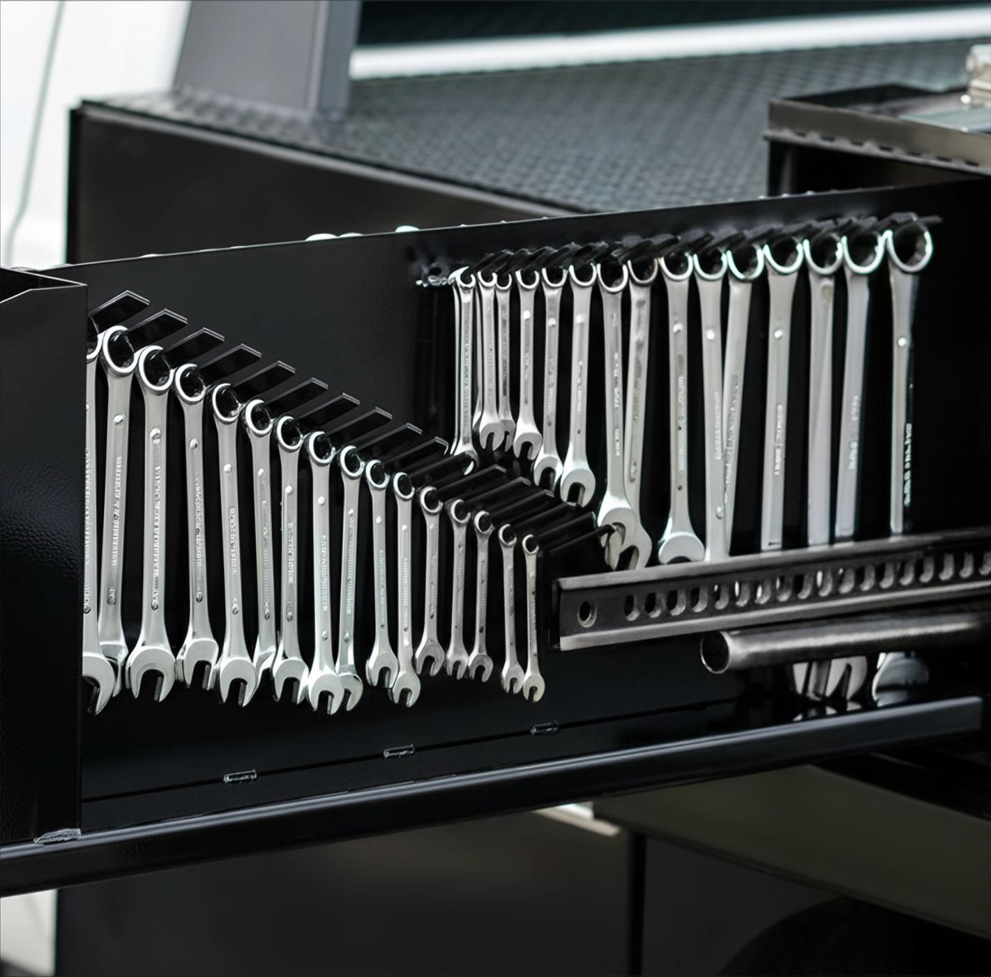 Shop-N-Box roll-out vertical drawer with organized wrenches